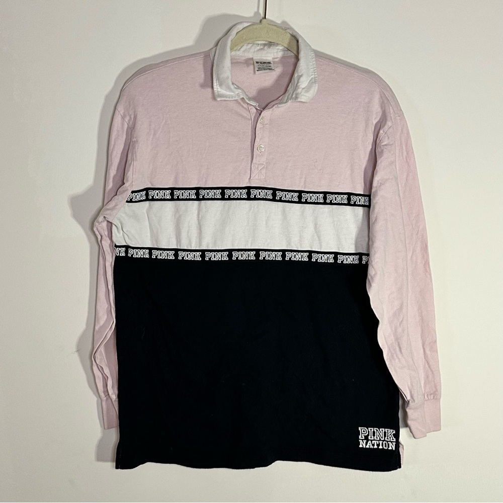 Victoria’s Secret PINK Rugby Shirt Long Sleeve Colorblock Pink w Black S Logo